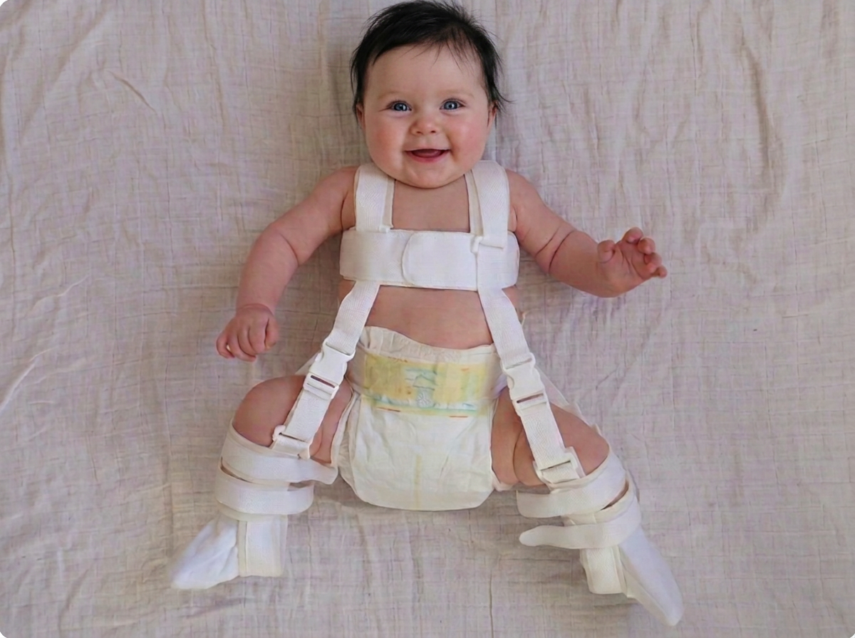 Infant wearing an all-white Pavlik harness for hip dysplasia, correctly fitted with hips flexed and abducted