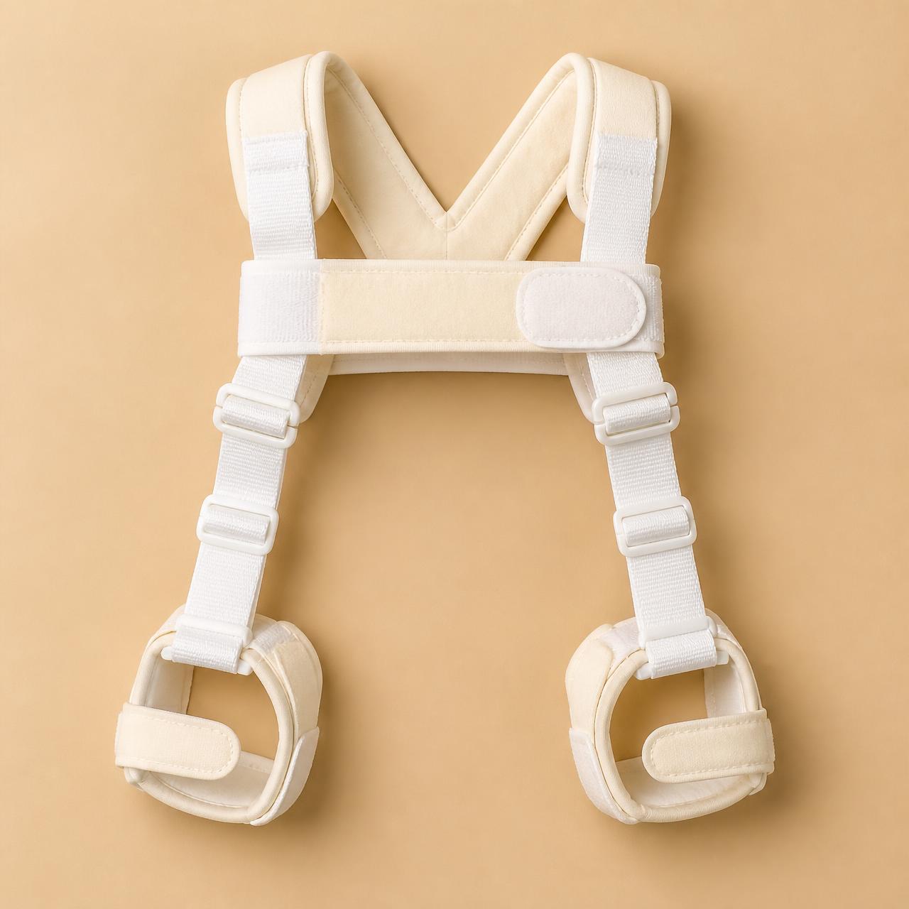 Pavlik harness laid flat showing chest band, shoulder straps and two foot stirrups